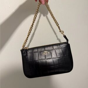 Coach Black Croc-Embossed Leather Wristlet with Gold Chain